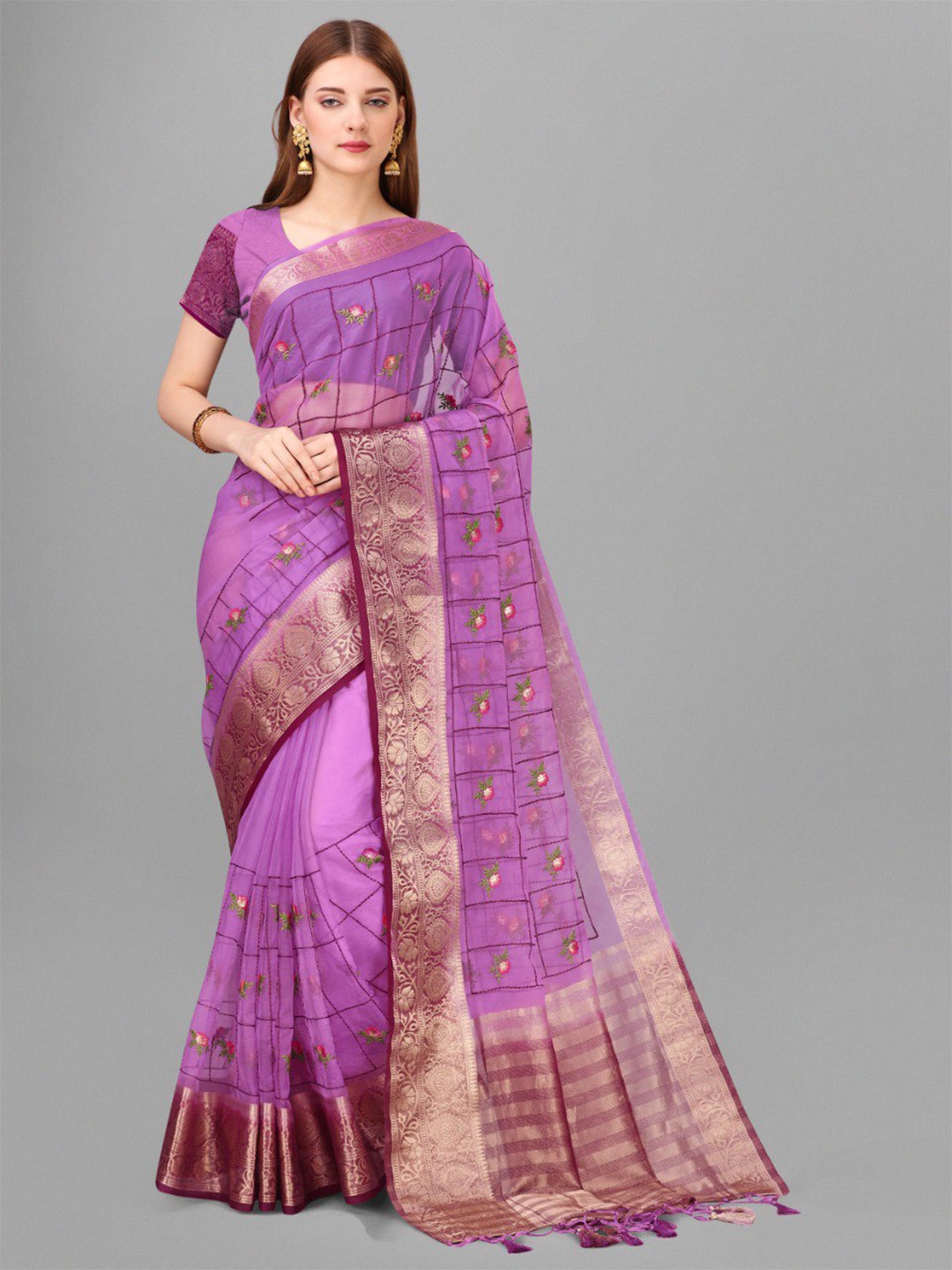 

VEERAX Floral Zari Pure Silk Banarasi Saree, Pink