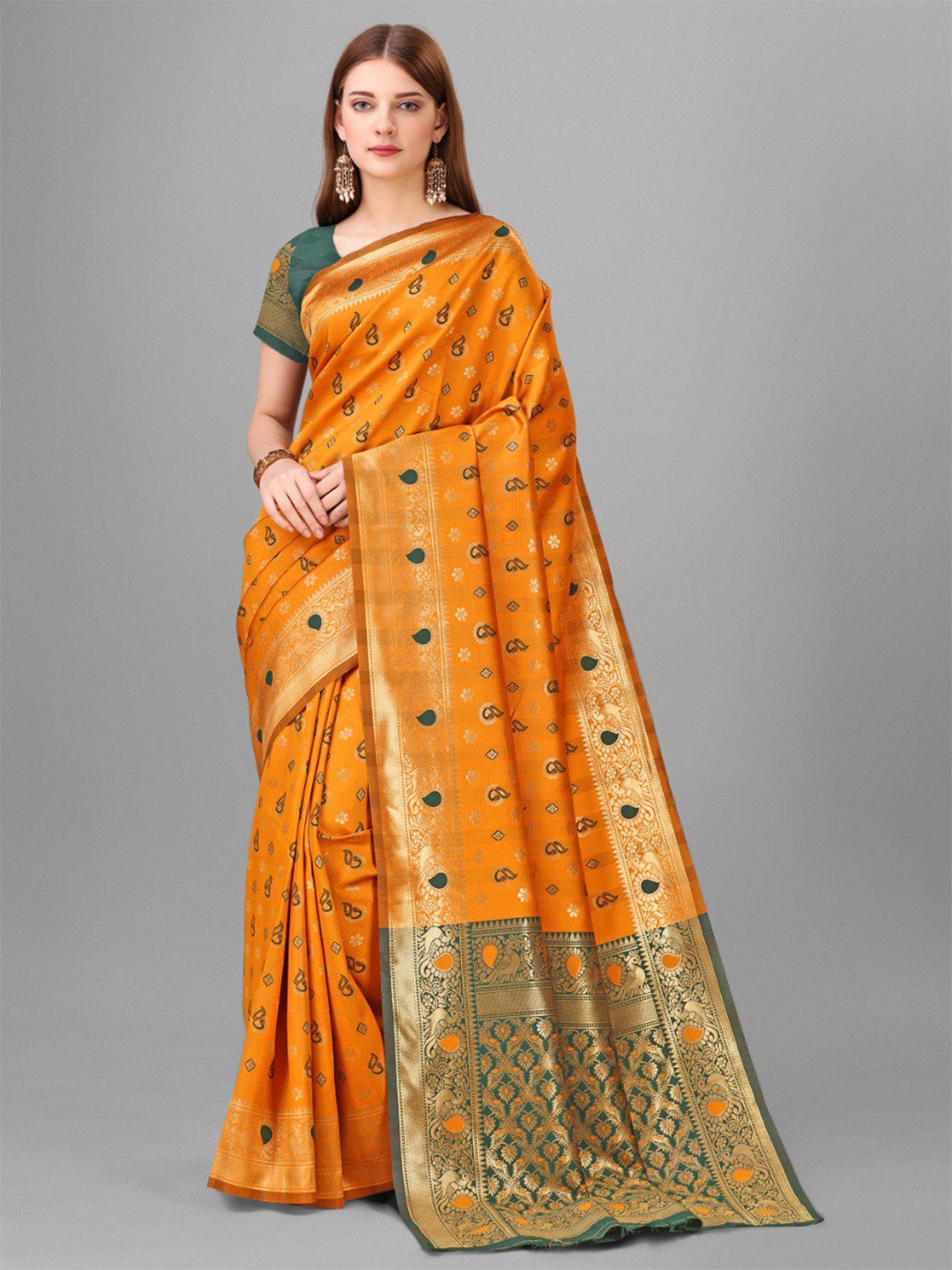

VEERAX Woven Design Ethnic Motifs Zari Pure Silk Banarasi Saree, Orange