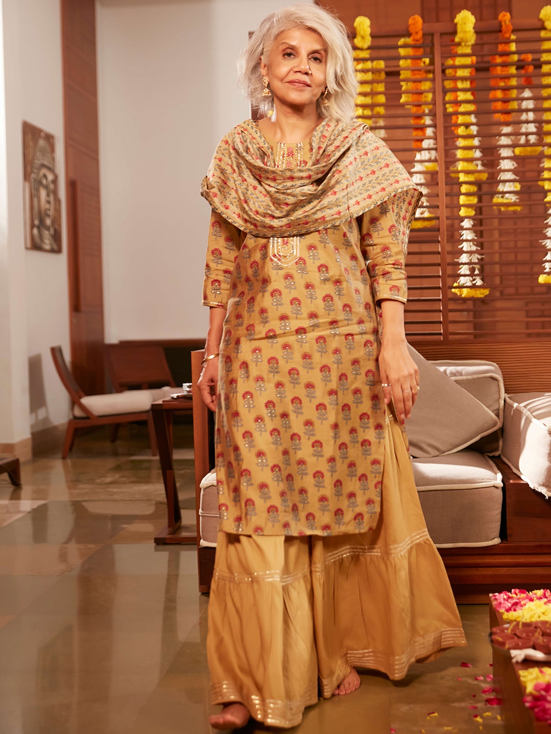 

RAISIN Floral Printed Gotta Patti Pure Cotton Straight Kurta with Sharara And Dupatta, Beige