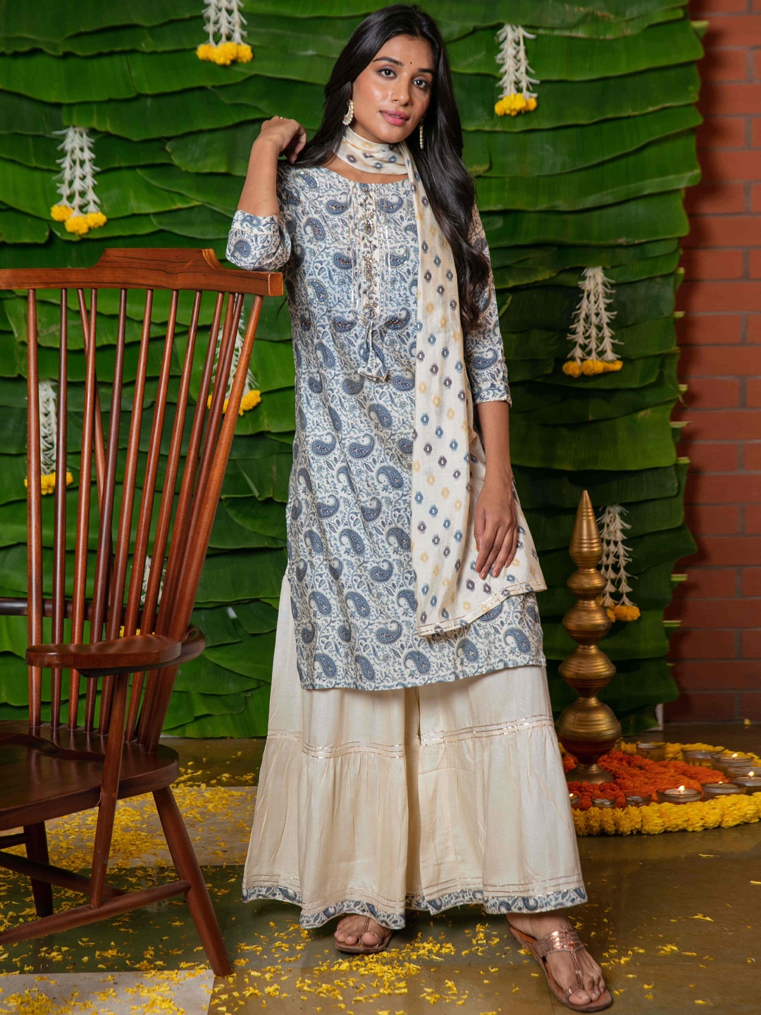 

RAISIN Paisley Printed Sequined Pure Cotton Kurta with Sharara and Dupatta, Off white