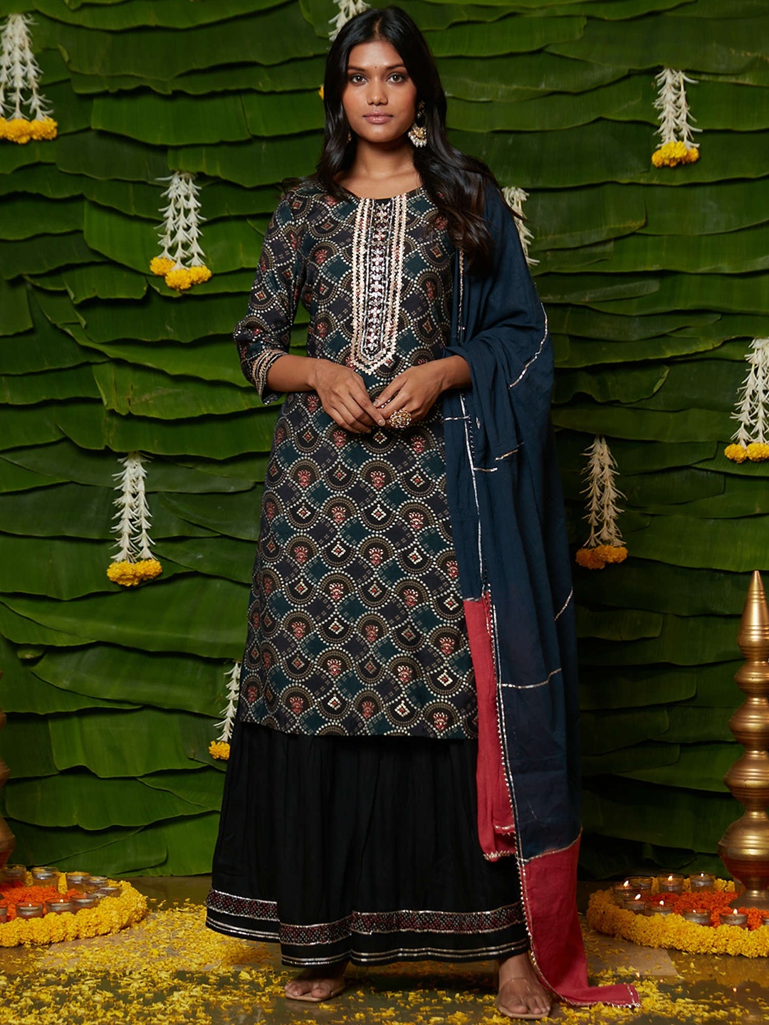 

RAISIN Ethnic Motifs Printed Gotta Patti Detail Pure Cotton Kurta & Sharara With Dupatta, Blue