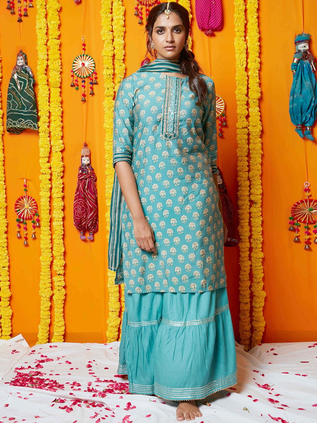 

RAISIN Ethnic mptifs Printed Gotta Patti Detail Pure Cotton Kurta & Sharara With Dupatta, Sea green