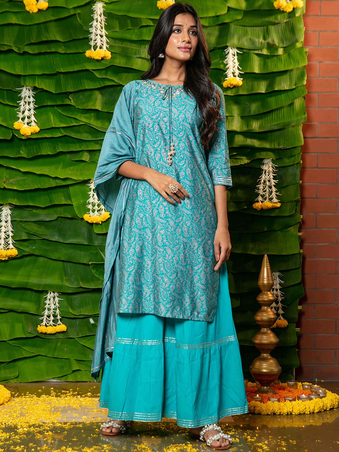 

RAISIN Floral Printed Thread Work Detail Pure Cotton Kurta & Sharara With Dupatta, Blue