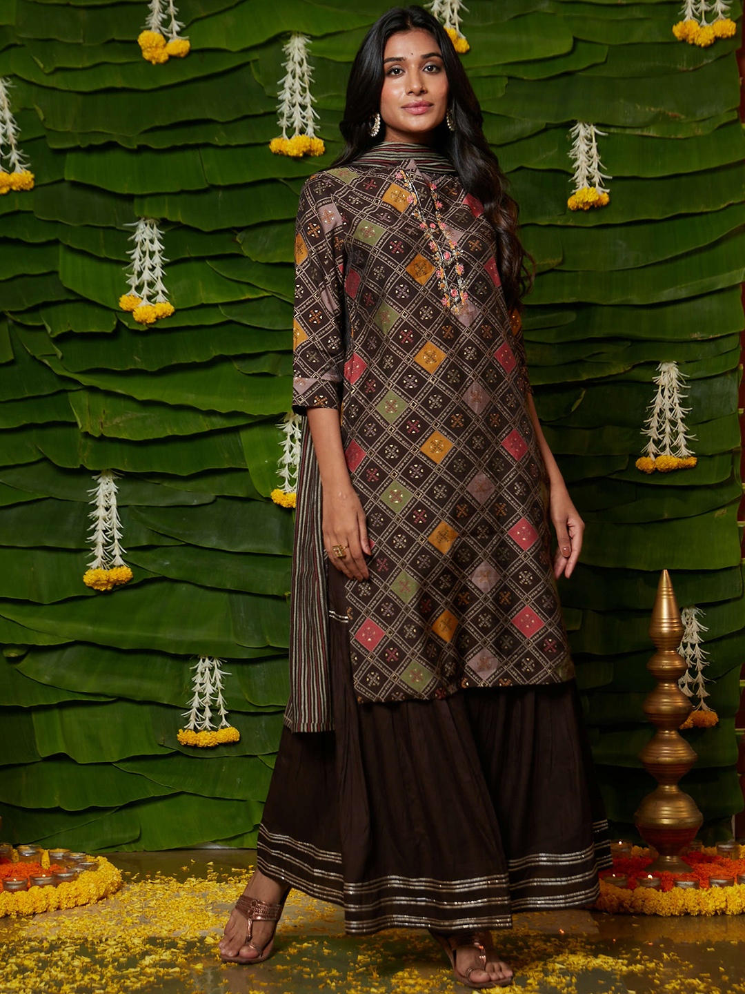 

RAISIN Ethnic Motifs Printed Thread Work Detail Pure Cotton Kurta & Sharara With Dupatta, Bronze