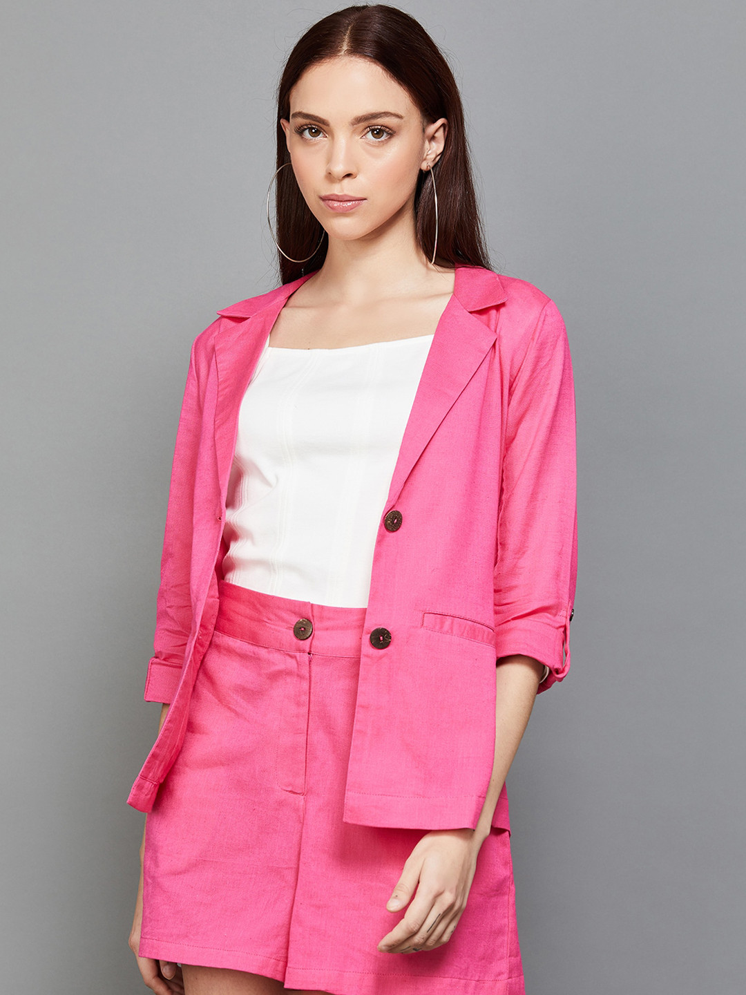 

Ginger by Lifestyle Self Design Single Breasted Cotton Blazer, Pink