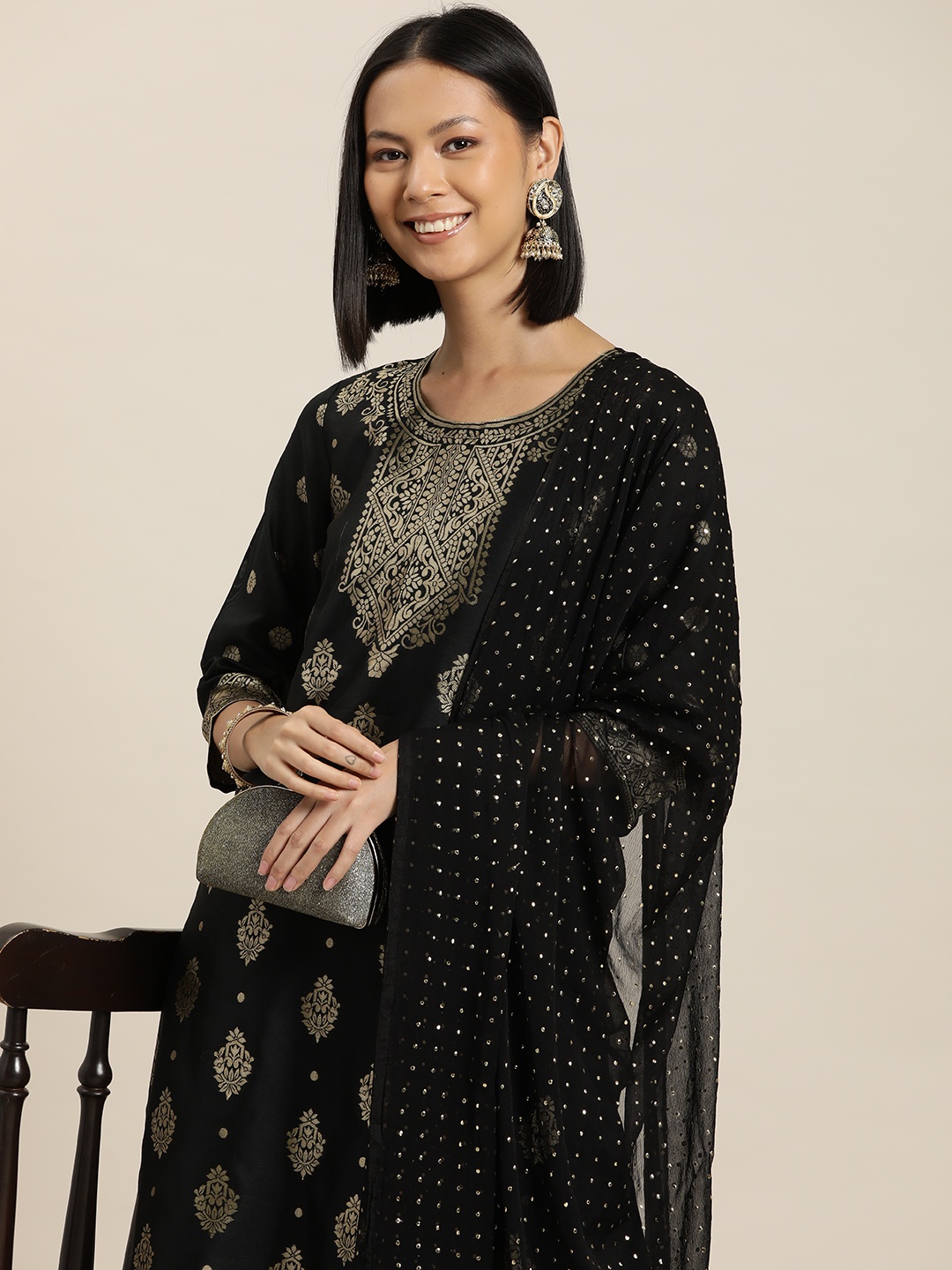 

HERE&NOW Ethnic Motifs Zari Regular Kurta with Trousers & Dupatta, Black
