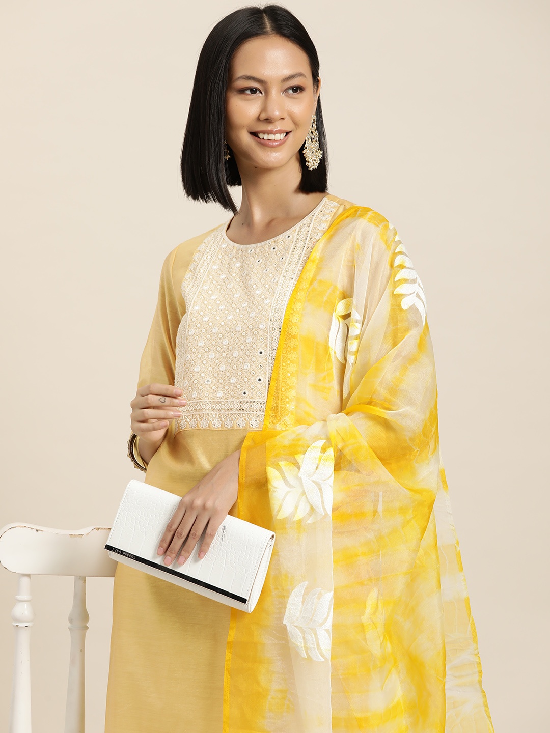 

HERE&NOW Ethnic Motifs Embroidered Regular Mirror Work Kurta with Trousers & Dupatta, Yellow