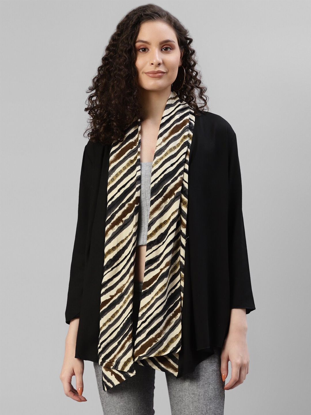 

DEEBACO Striped Longline Open Front Shrug, Black