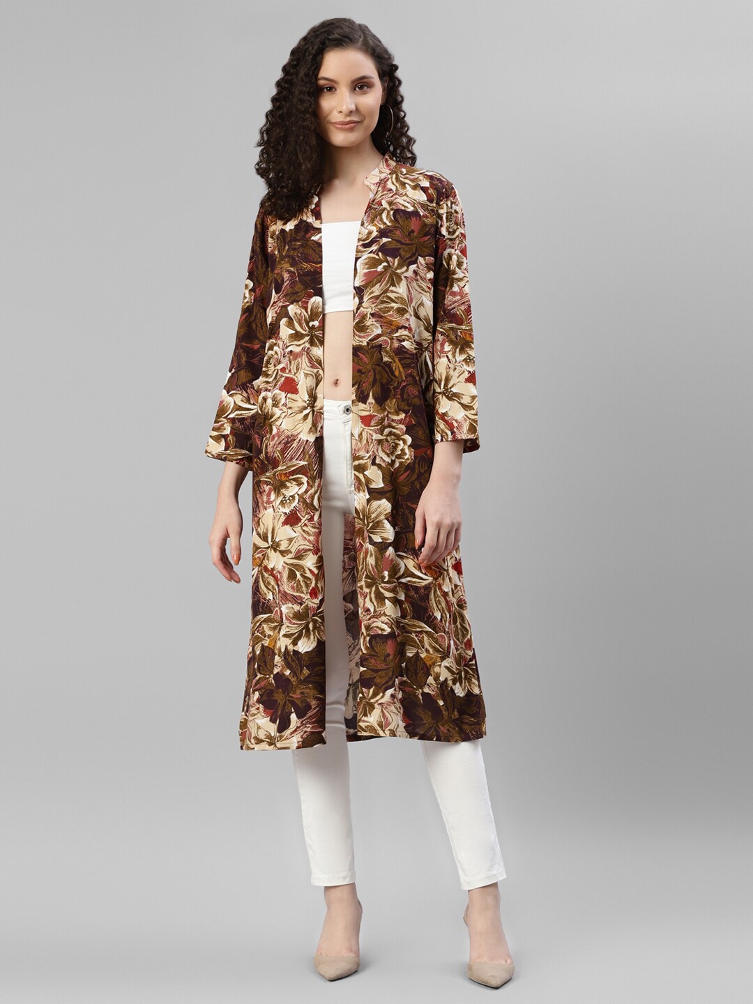 

DEEBACO Floral Printed Longline Shrug, Brown