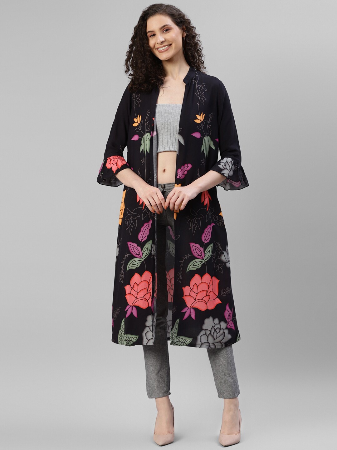 

DEEBACO Floral Printed Longline Shrug, Black