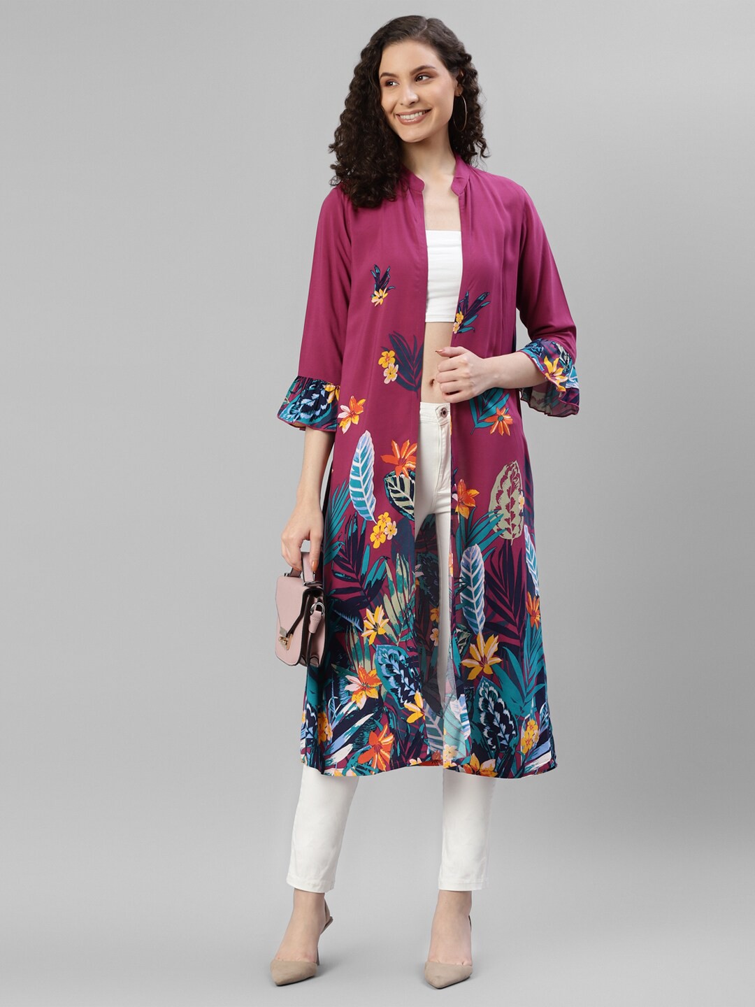 

DEEBACO Floral Printed Longline Shrug, Magenta
