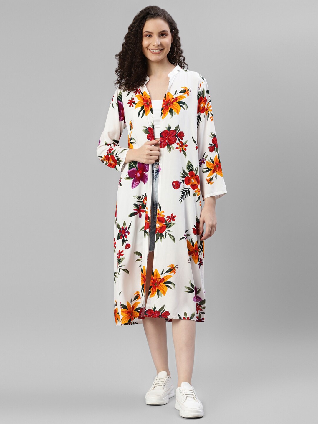 

DEEBACO Floral Printed Longline Shrug, White