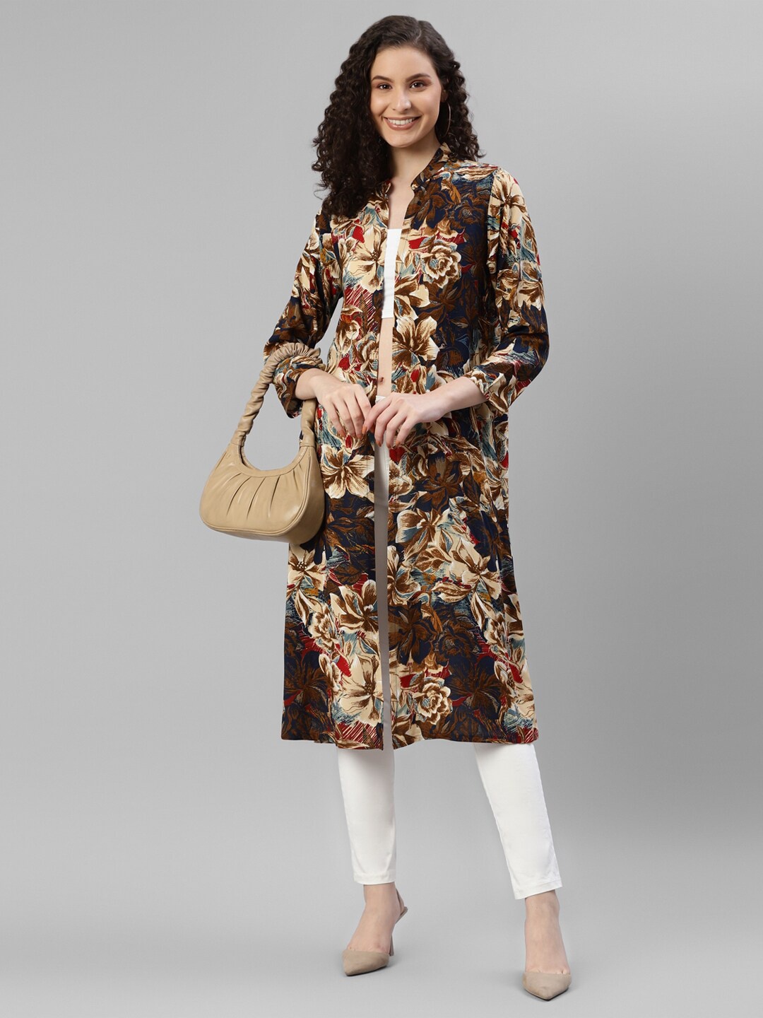 

DEEBACO Floral Printed Longline Shrug, Brown