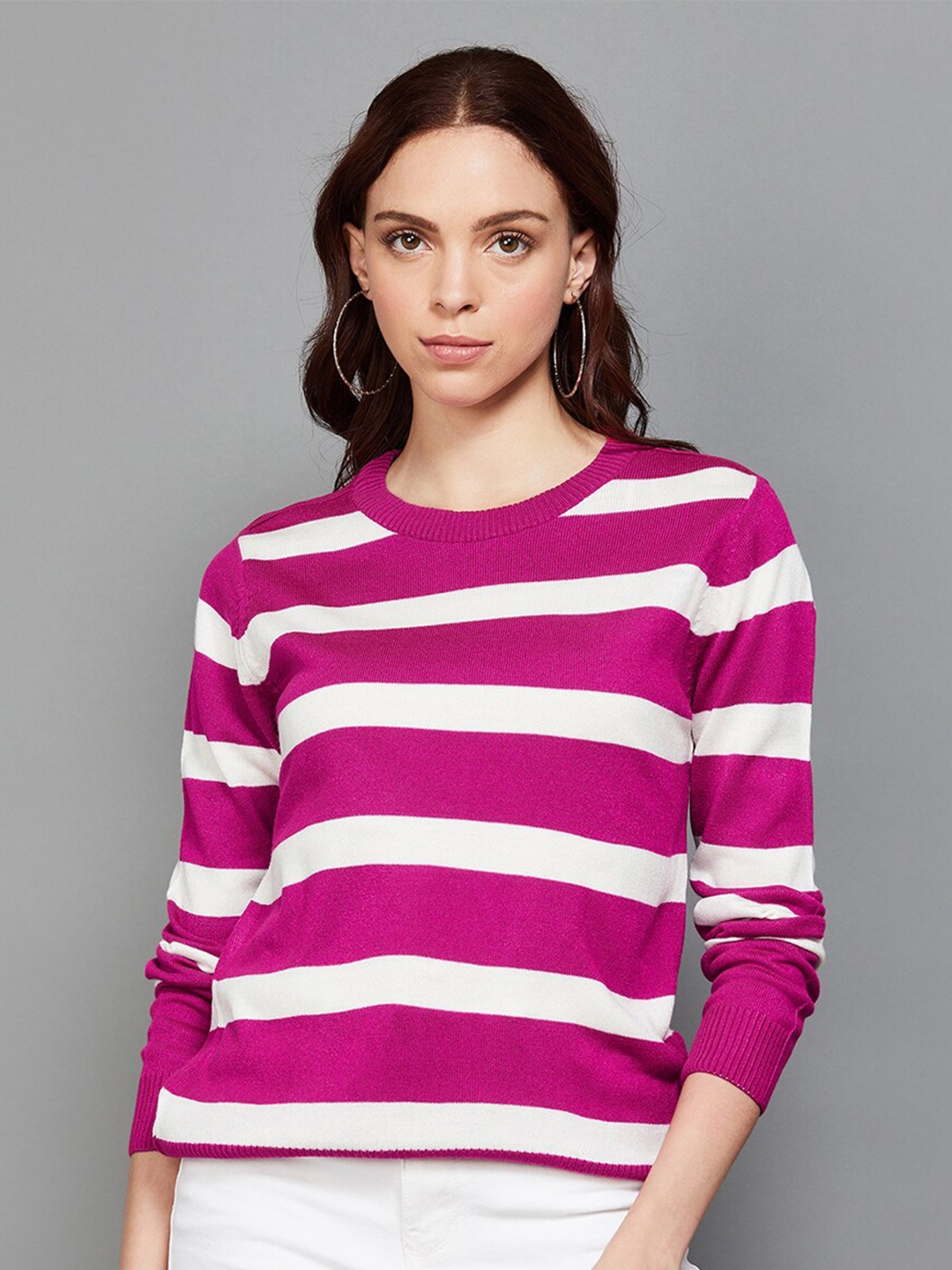 

Fame Forever by Lifestyle Striped Round Neck Pullover, Pink