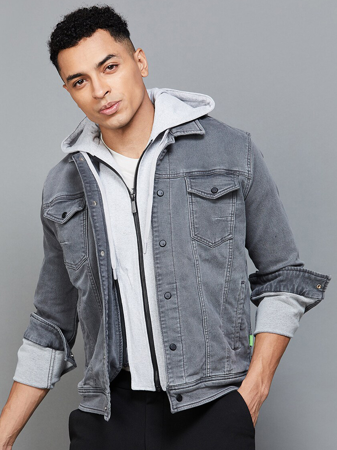 

Bossini Hooded Cotton Denim Jacket, Grey