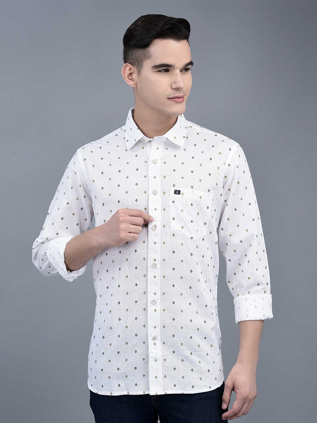 

CANOE Smart Opaque Printed Cotton Linen Casual Shirt, White