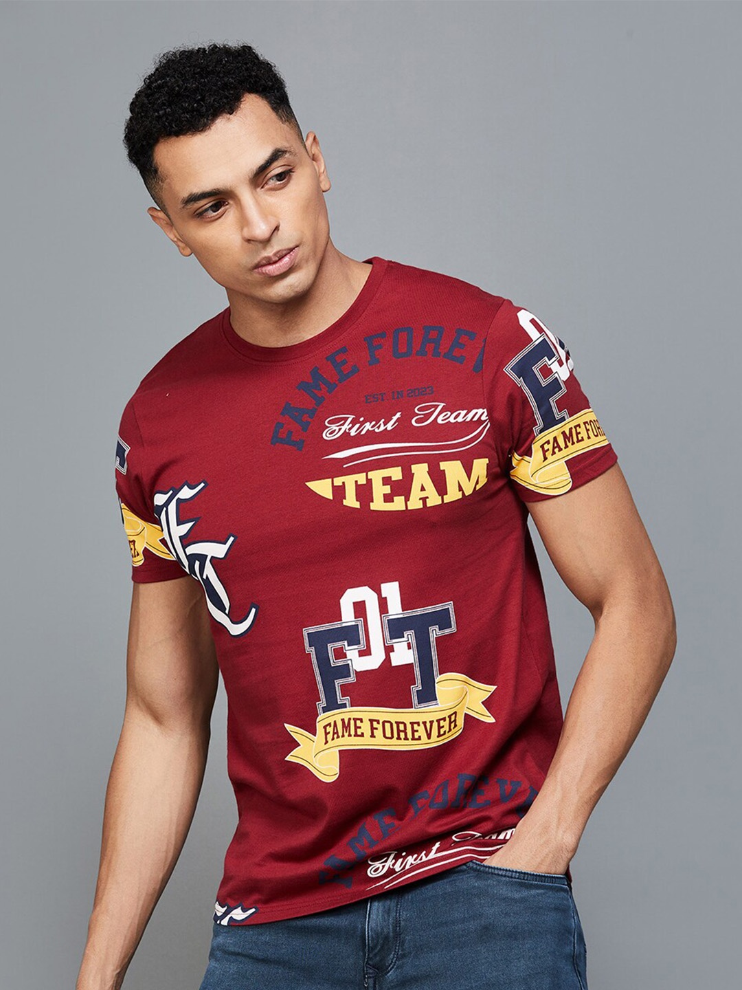 

Fame Forever by Lifestyle Typography Printed Cotton T-shirt, Maroon