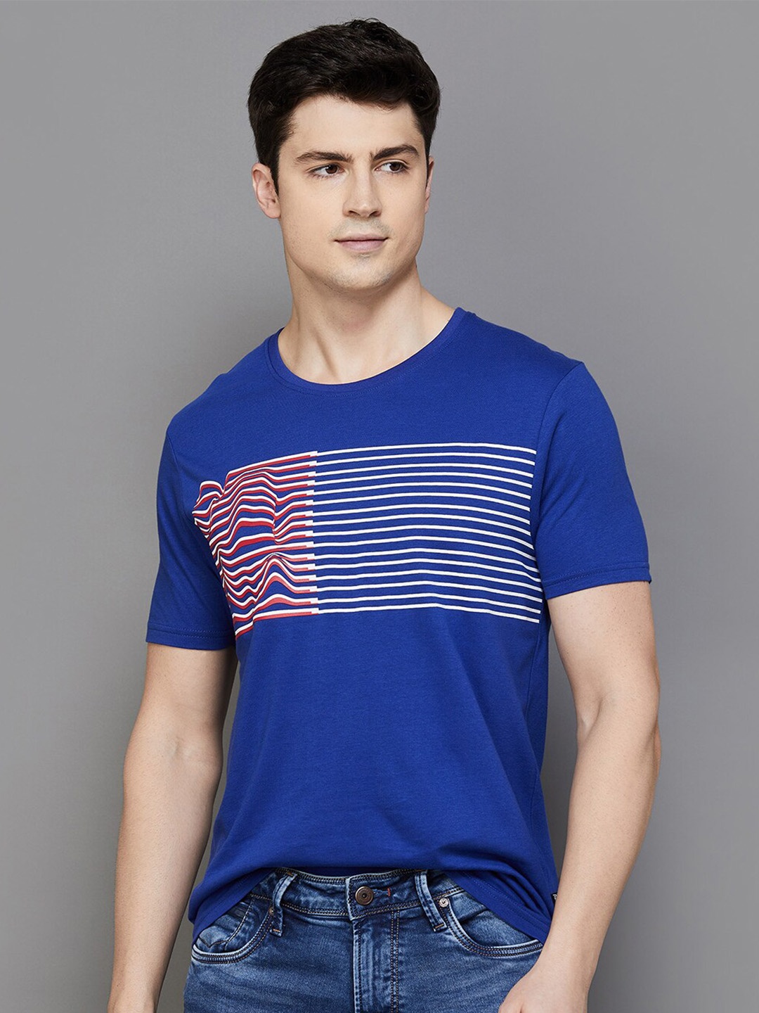 

Fame Forever by Lifestyle Striped Printed Cotton T-shirt, Blue