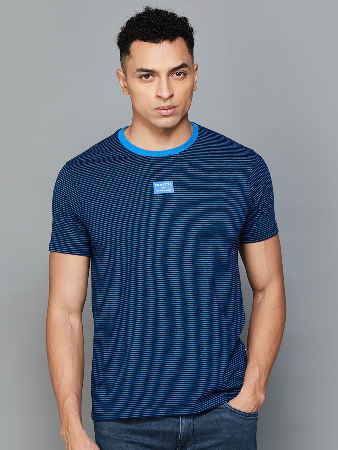 

Fame Forever by Lifestyle Self Design Striped Cotton T-shirt, Navy blue