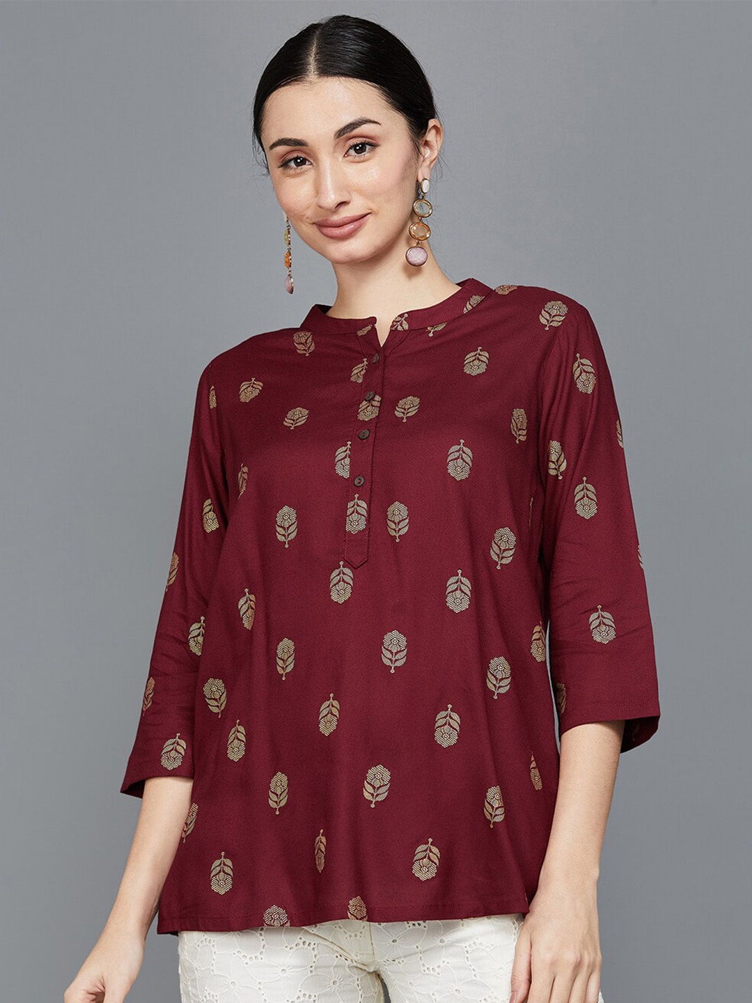 

Melange by Lifestyle Mandarin Collar Floral Printed Kurti, Maroon