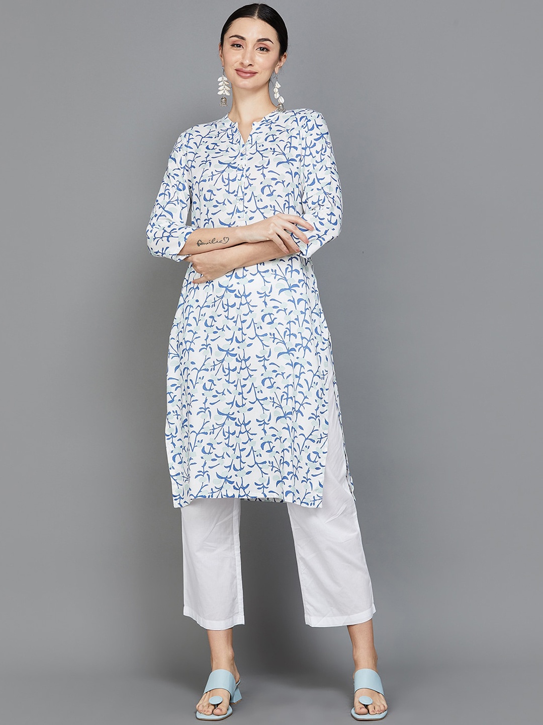 

Melange by Lifestyle Floral Printed Mandarin Collar Kurta, White