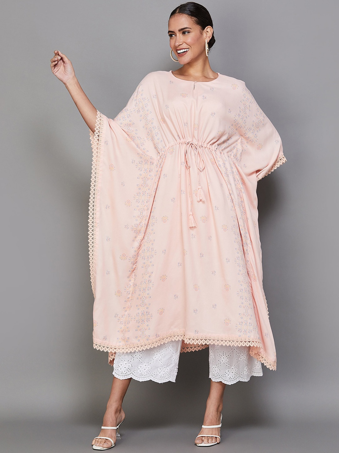 

Melange by Lifestyle Floral Printed Flared Sleeves Tie-Up Kaftan Kurta, Peach
