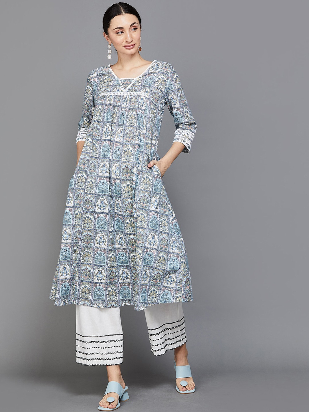 

Melange by Lifestyle Ethnic Motifs Printed Cotton A-line Kurta, Grey