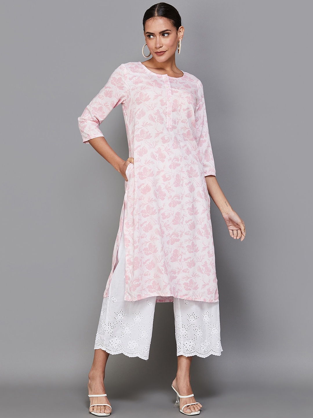 

Melange by Lifestyle Floral Printed Round Neck Kurta, Pink