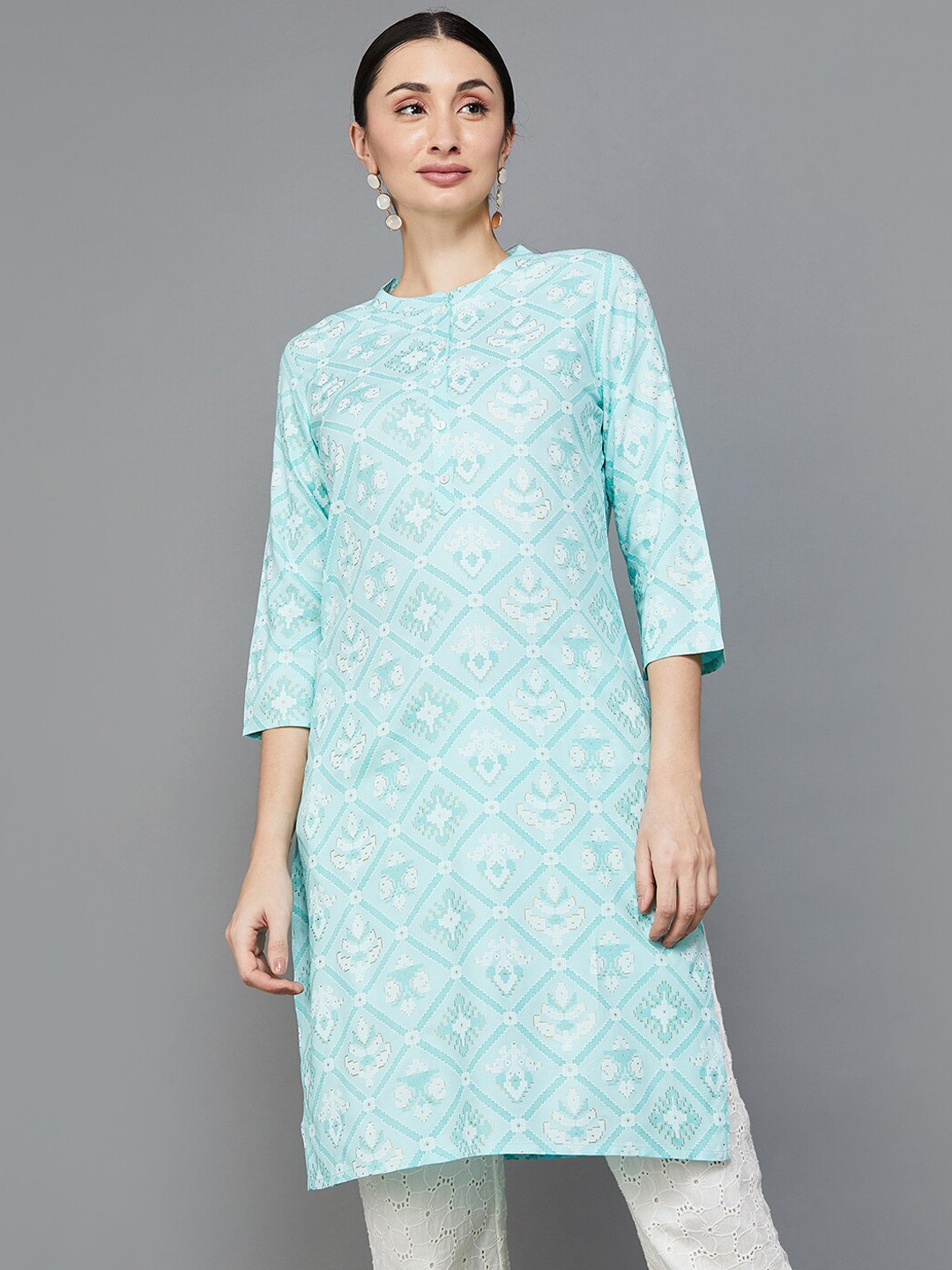

Melange by Lifestyle Geometric Printed Band Collar Kurta, Blue