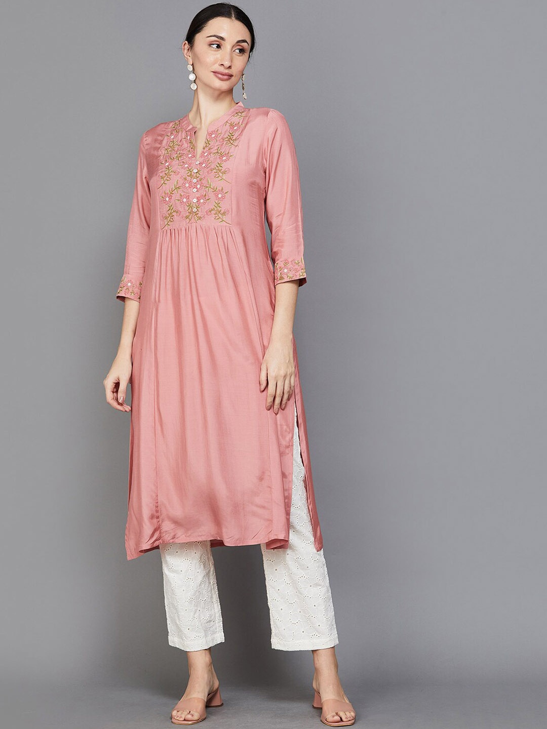 

Melange by Lifestyle Floral Embroidered Mandarin Collar Thread Work Straight Kurta, Pink