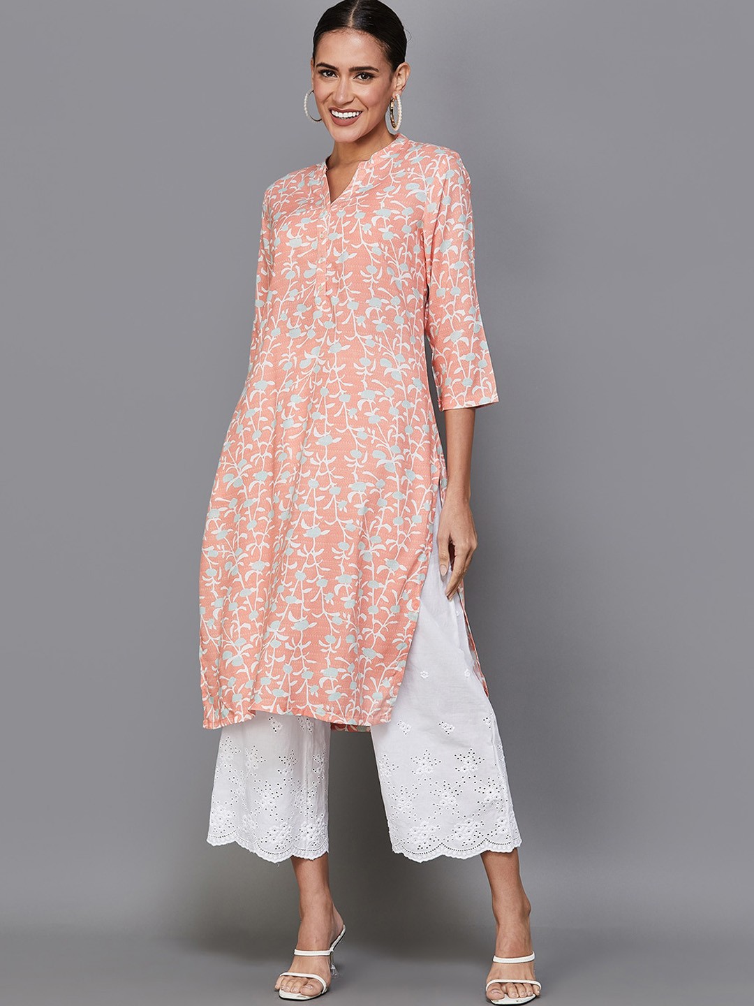 

Melange by Lifestyle Floral Printed Mandarin Collar Straight Kurta, Peach