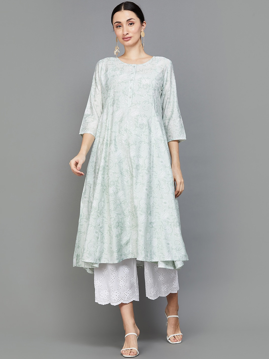 

Melange by Lifestyle Floral Printed Round Neck Anarkali Kurta, White