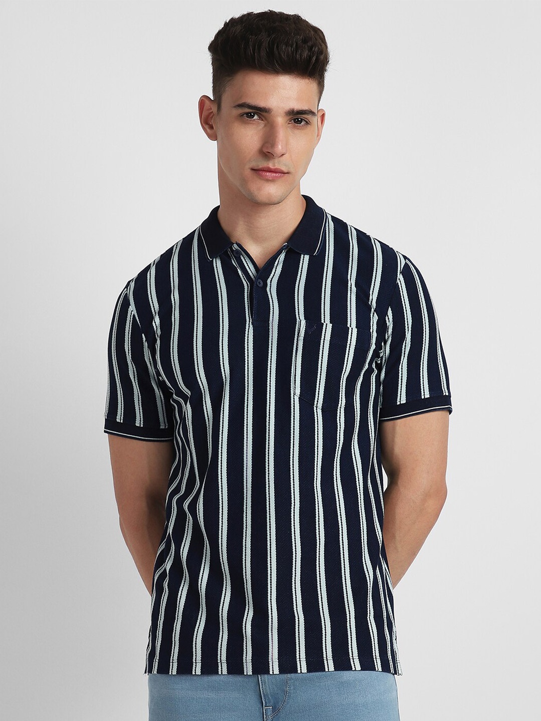 

Allen Solly Striped Polo Collar Pure Cotton T-shirt, Navy blue