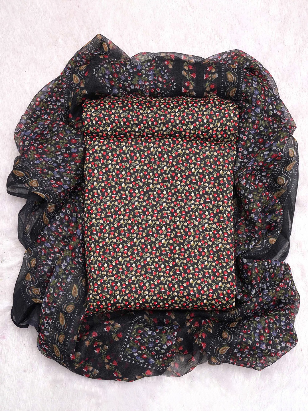 

KALINI Floral Printed Unstitched Dress Material, Black
