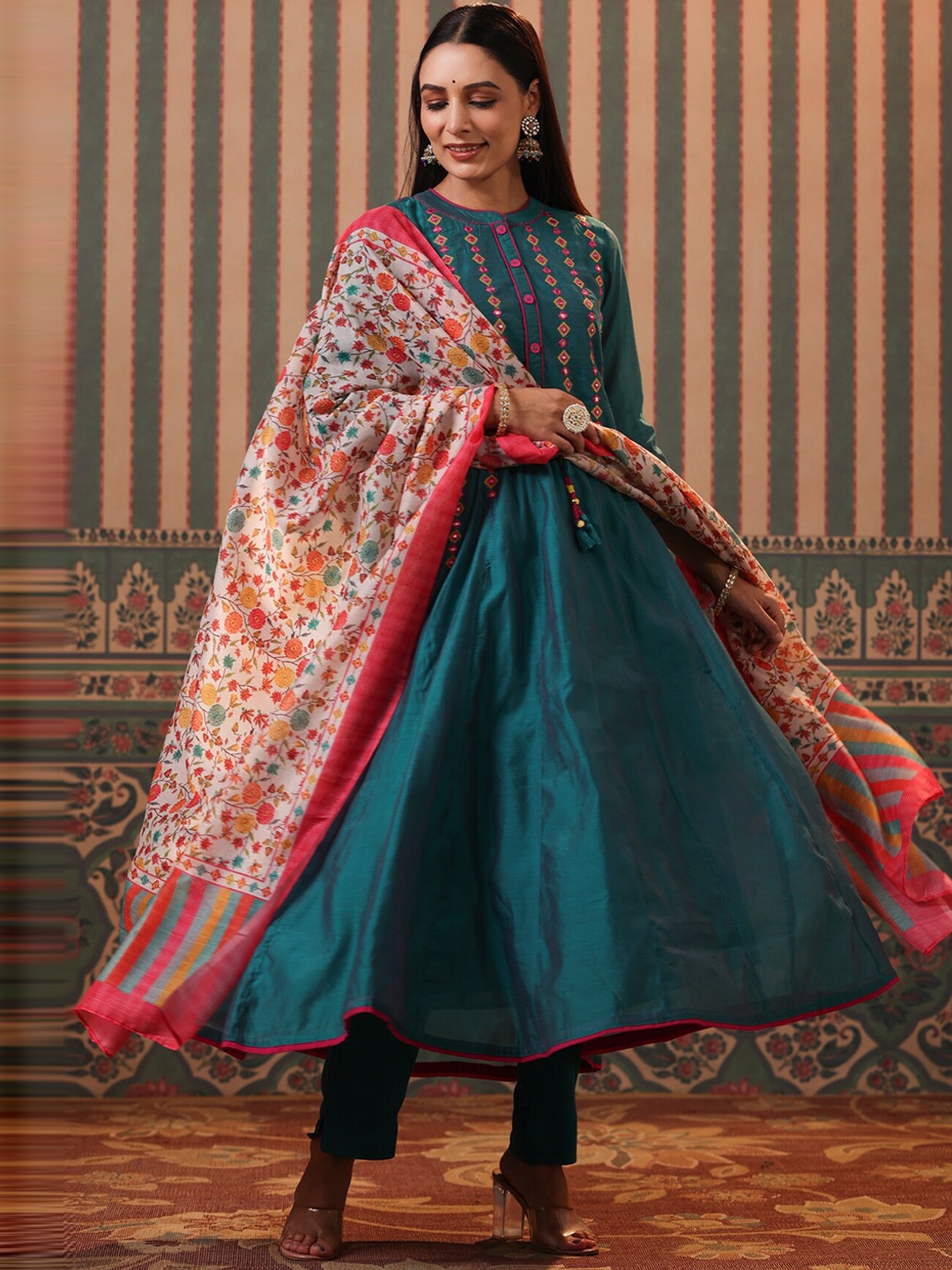 

Rain & Rainbow Geometric Yoke Design Mirror Work Anarkali Kurta with Trousers & Dupatta, Teal