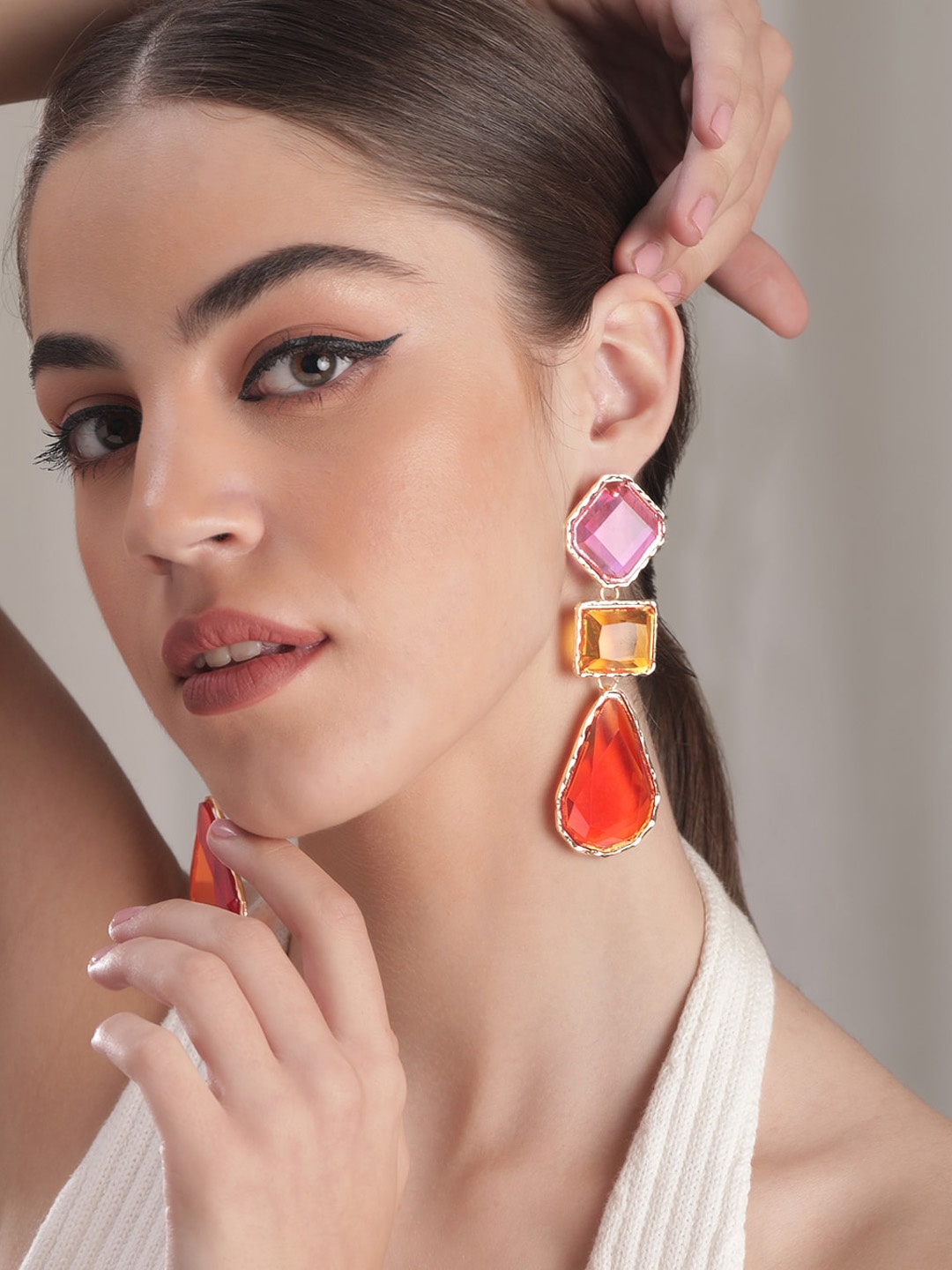

Rubans Gold-Plated Multicolor Crystal Studded Showstopper Look Drop Earrings