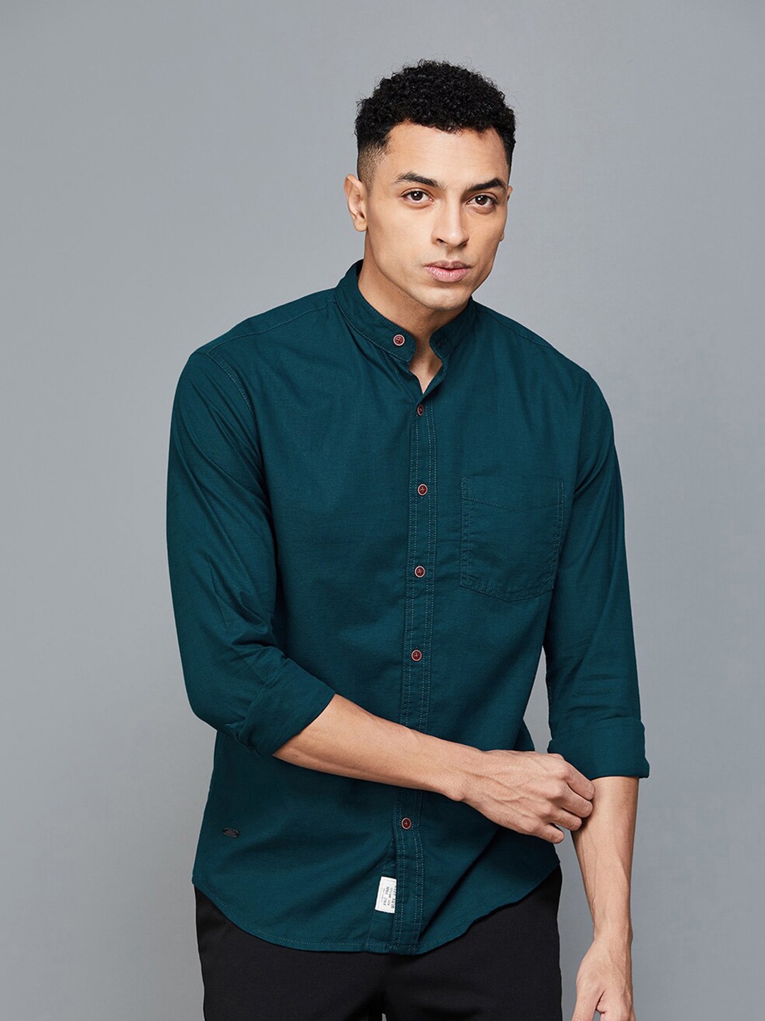 

Forca by Lifestyle Band Collar Cotton Casual Shirt, Teal
