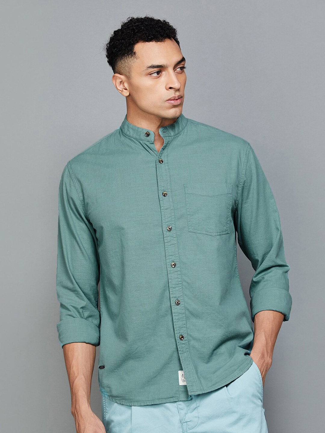 

Forca by Lifestyle Band Collar Cotton Casual Shirt, Green