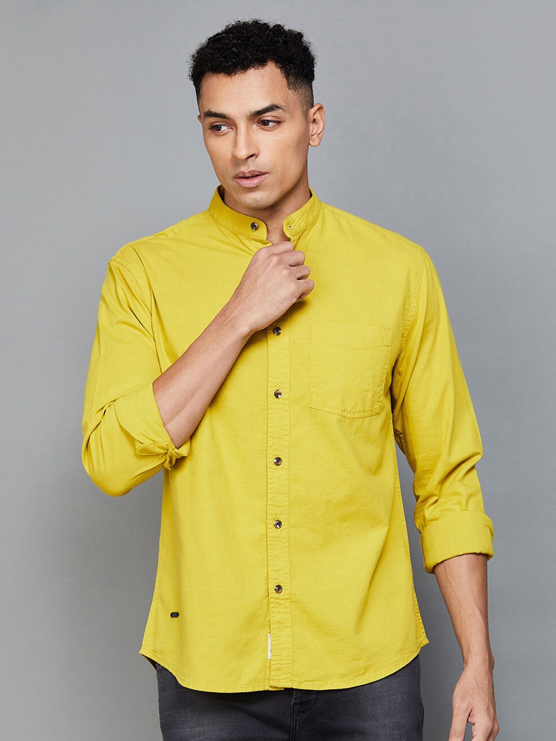 

Forca by Lifestyle Band Collar Cotton Casual Shirt, Yellow