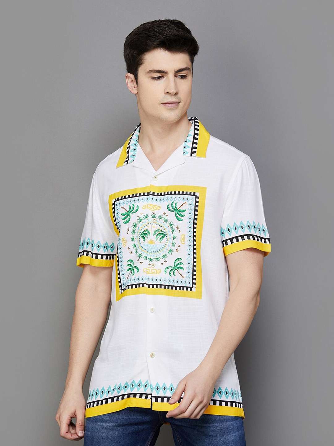 

Forca by Lifestyle Geometric Printed Cuban Collar Casual Shirt, White