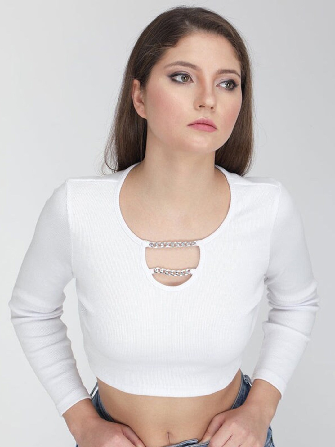 

Outcast Ribbed Cut Outs Fitted Crop Top, White