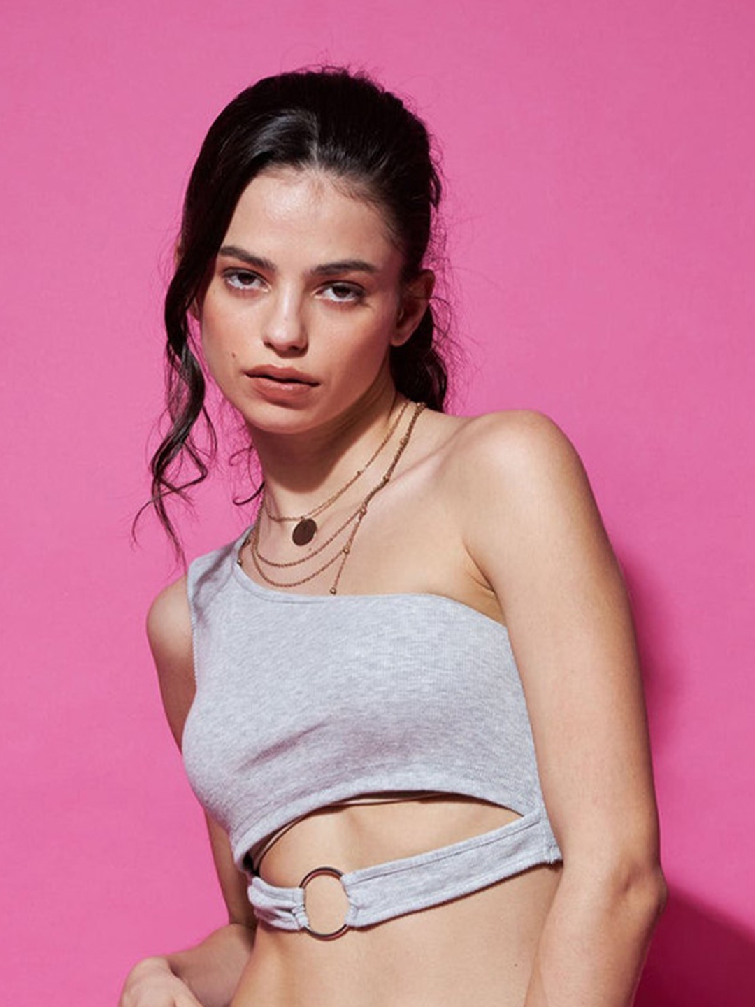 

Outcast One shoulder Cut Outs Fitted Crop Top, Grey