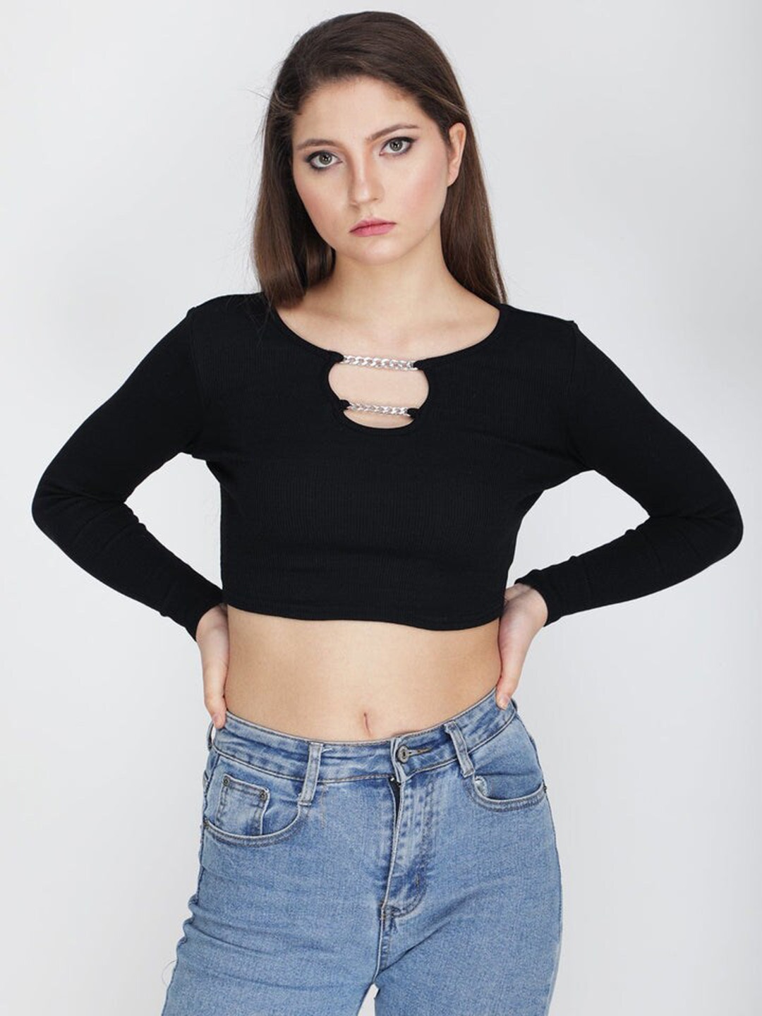 

Outcast Ribbed Cut Outs Fitted Crop Top, Black