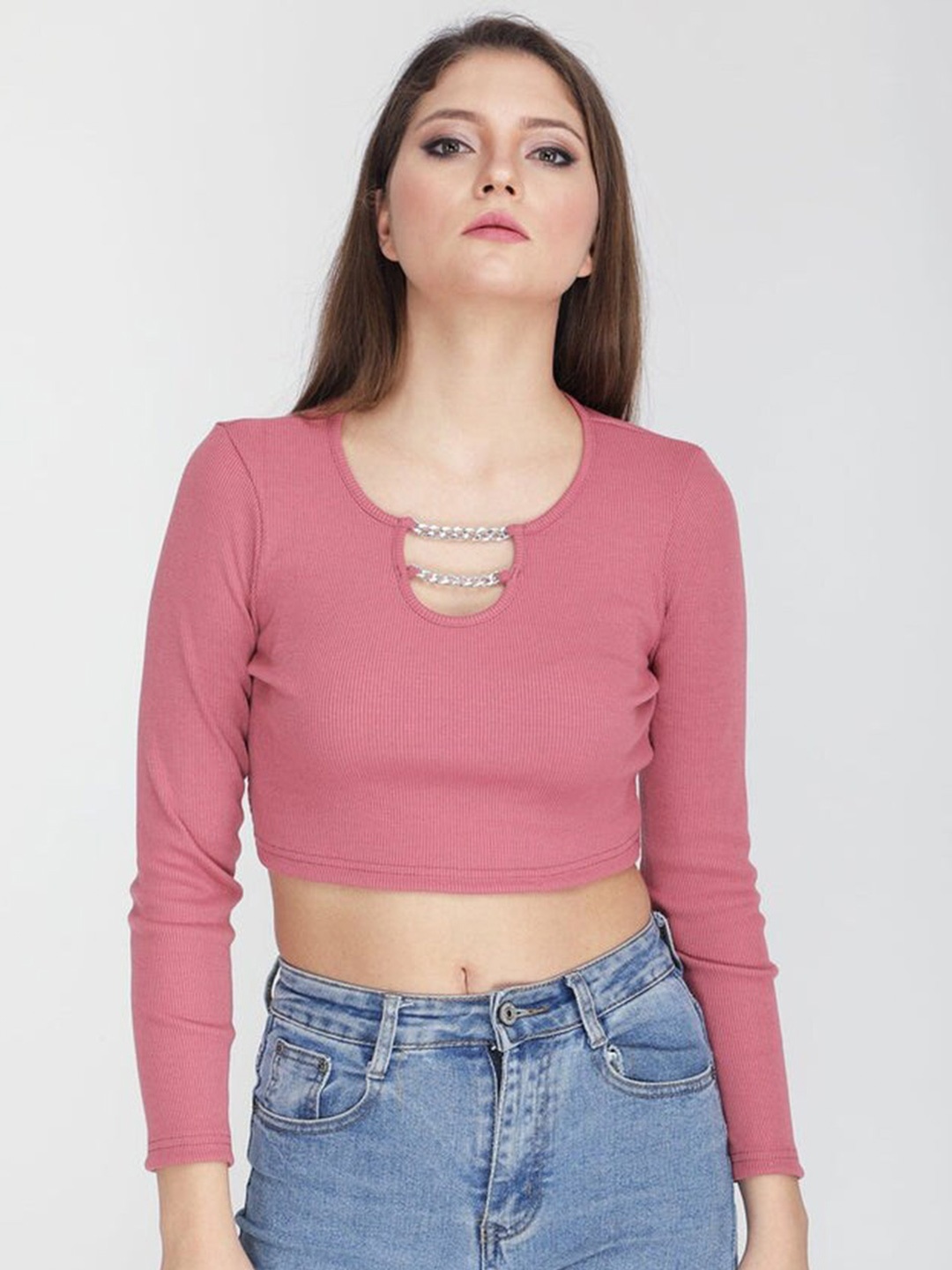 

Outcast Round Neck Cut Out Ribbed Crop Fitted Top, Pink