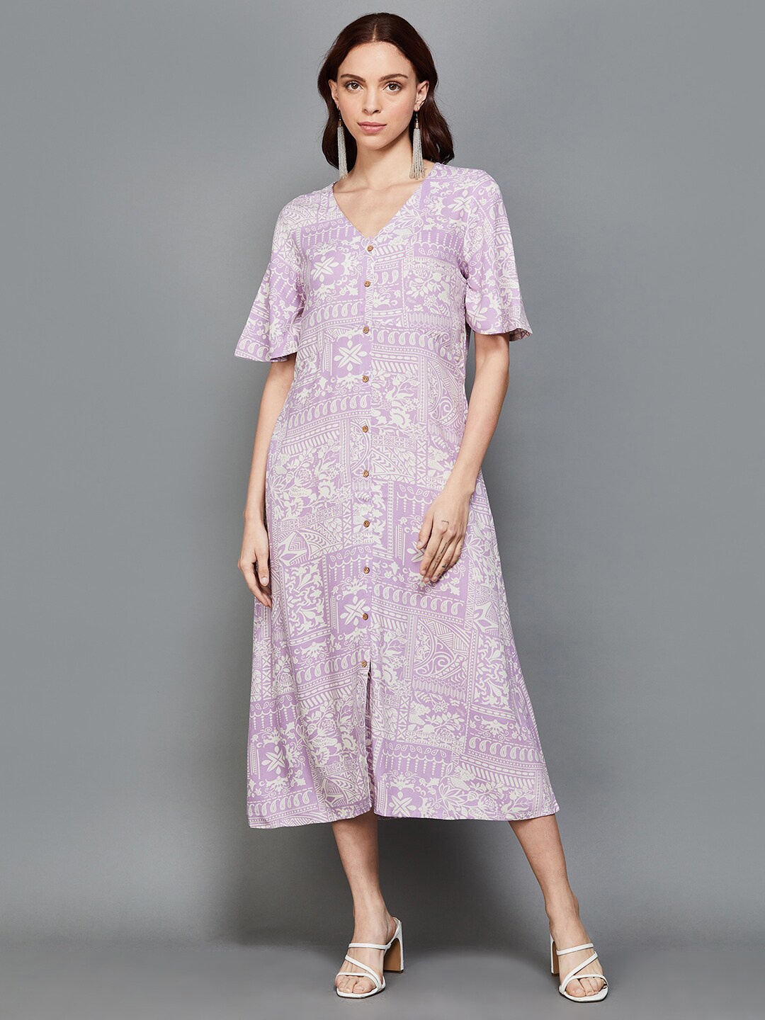 

Colour Me by Melange Ethnic Motifs Printed Flared Sleeve A-Line Midi Dress, Lavender