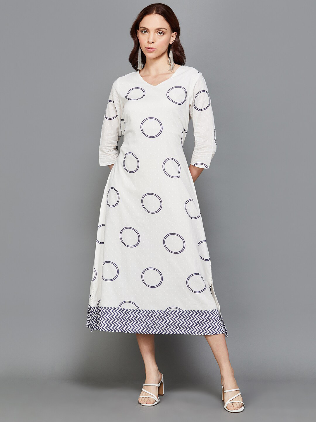 

Colour Me by Melange Conversational Printed A-Line Cotton Midi Dress, Off white