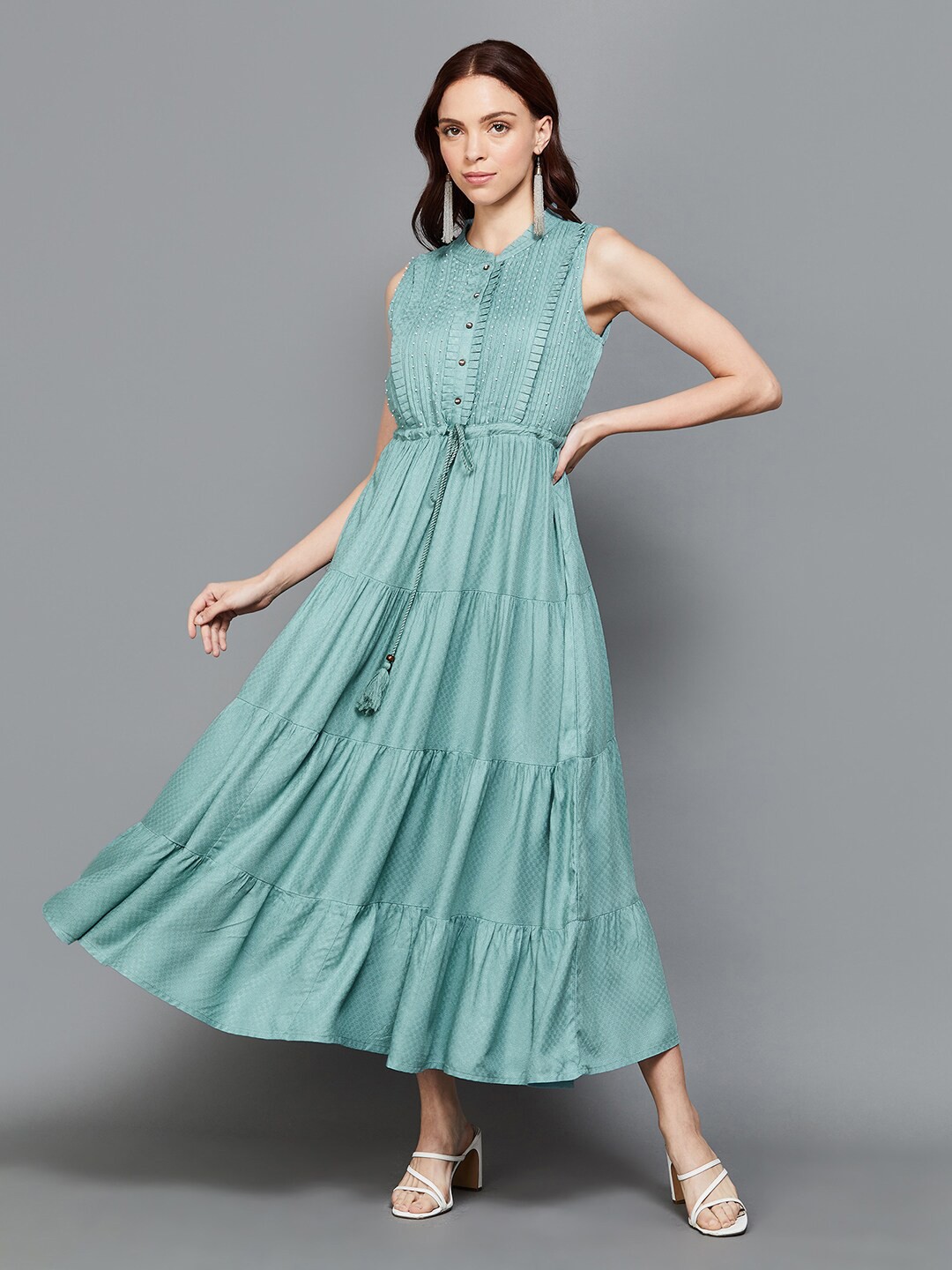 

Colour Me by Melange Geometric Printed Sleeveless Tiered Fit & Flare Midi Dress, Blue