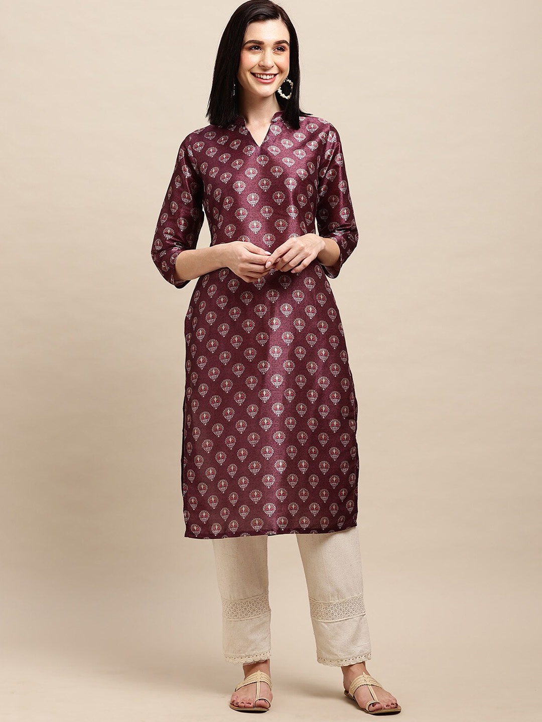 

all about you Purple Ethnic Motifs Mandarin Collar Pure Chanderi Silk Kurta