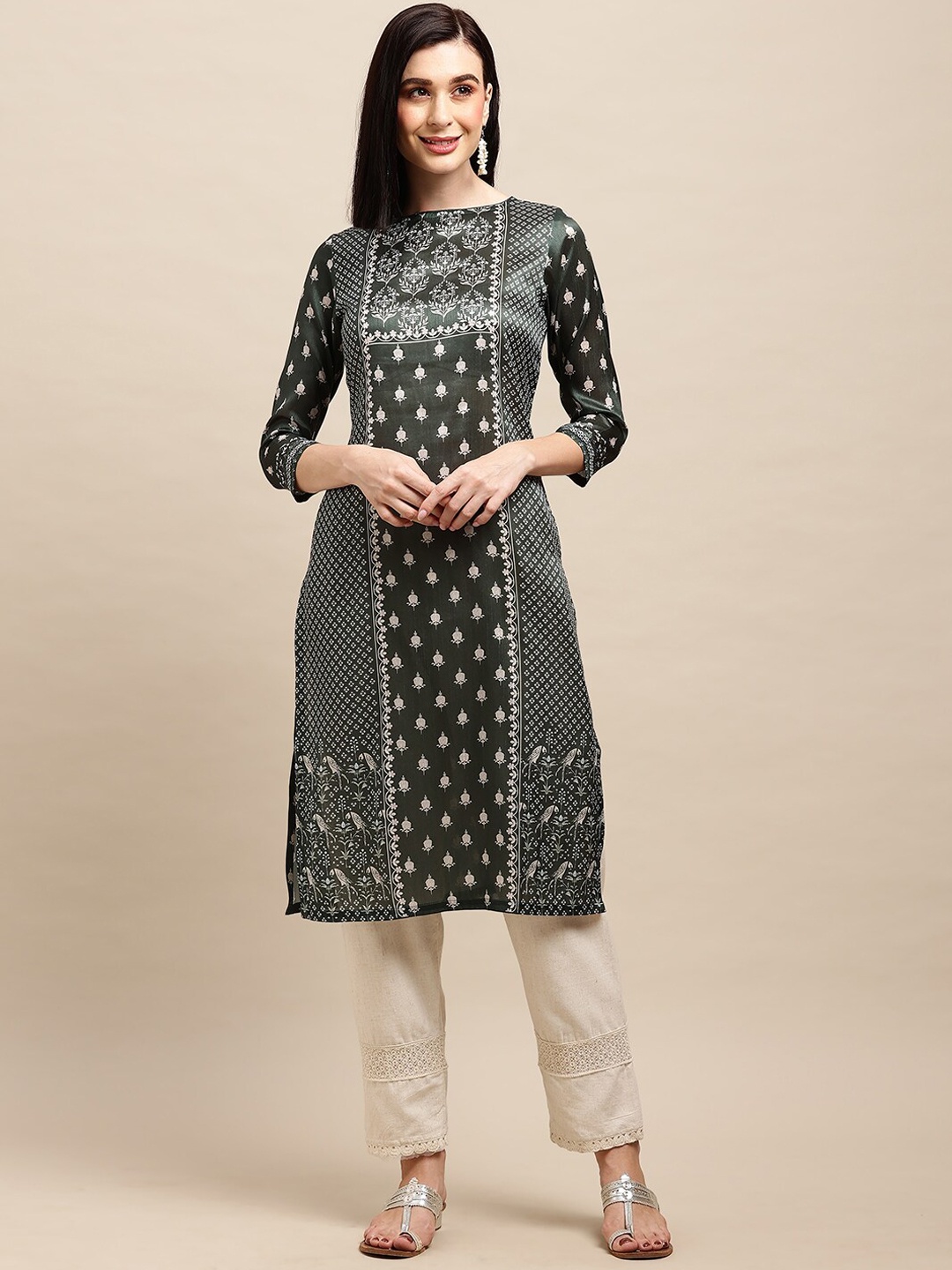

all about you Green Ethnic Motifs Round Neck Pure Chanderi Silk Kurta