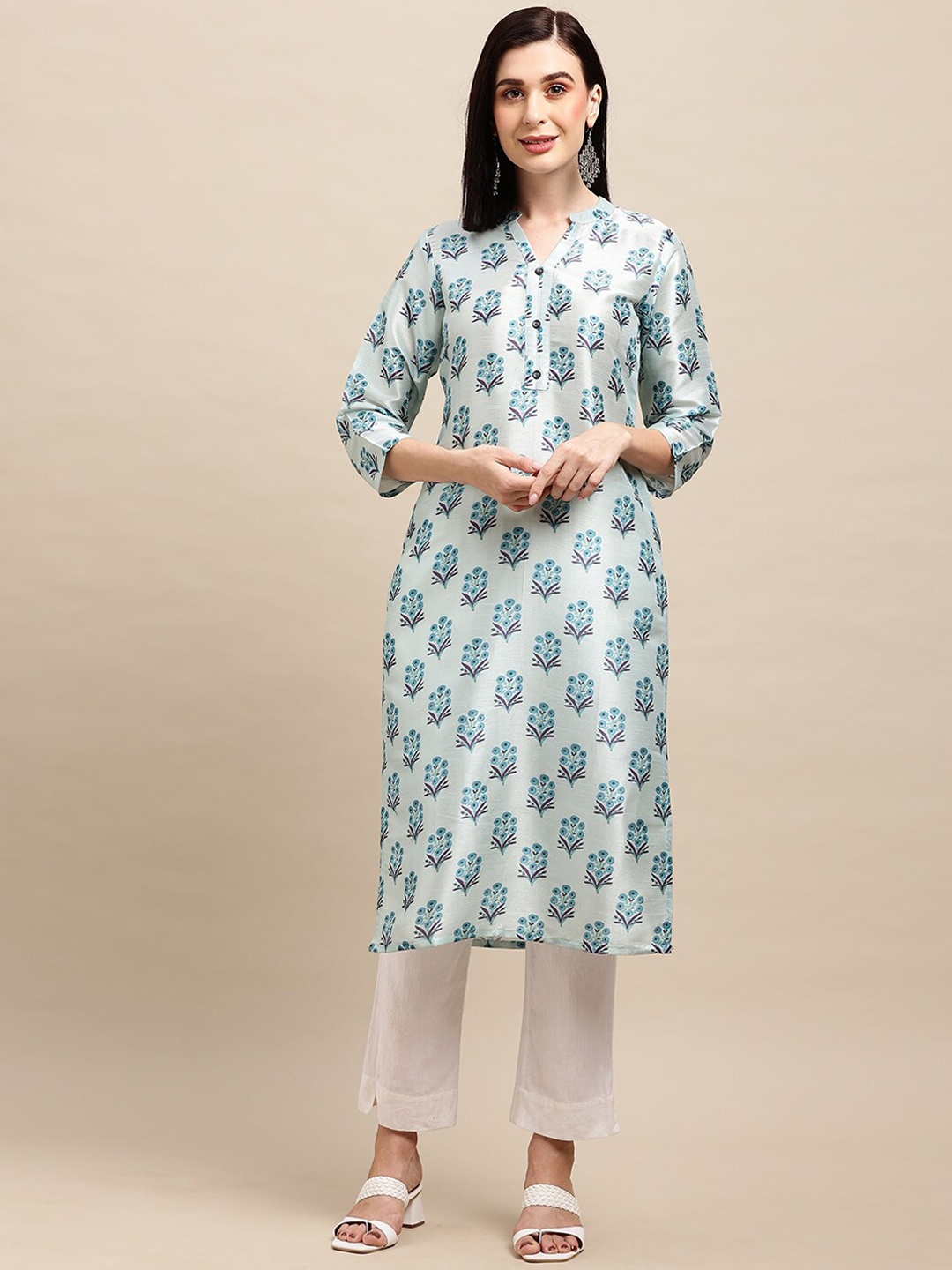

all about you Sea Green Ethnic Motifs Mandarin Collar Pure Silk Kurta